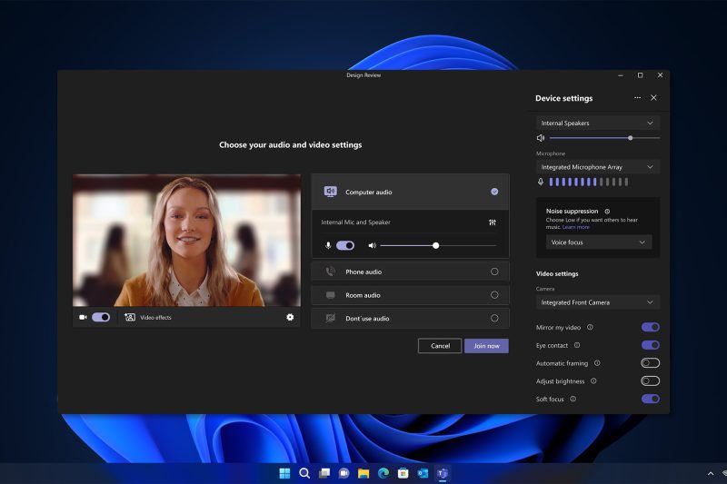 Microsoft Teams camera settings to turn on various new Windows Studio Effects enabled by advanced AI such as mirror my video, eye contact, and soft focus.