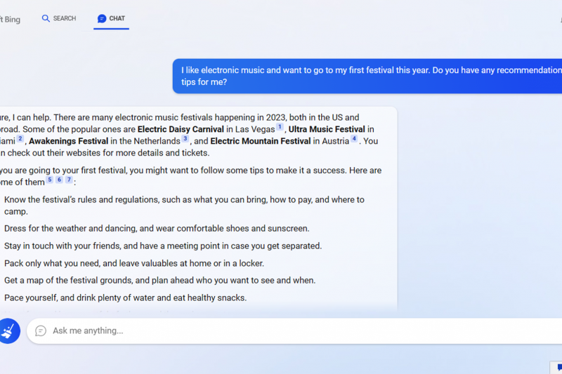 A screenshot shows the new Bing interactive chat where someone is asking for music festival ideas.