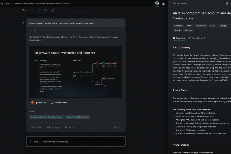 Screenshot of the Microsoft Security Copilot graphical user interface depicting a summary of a ransomware attack in Microsoft Powerpoint format on the left side and written in conversational English on the right side.