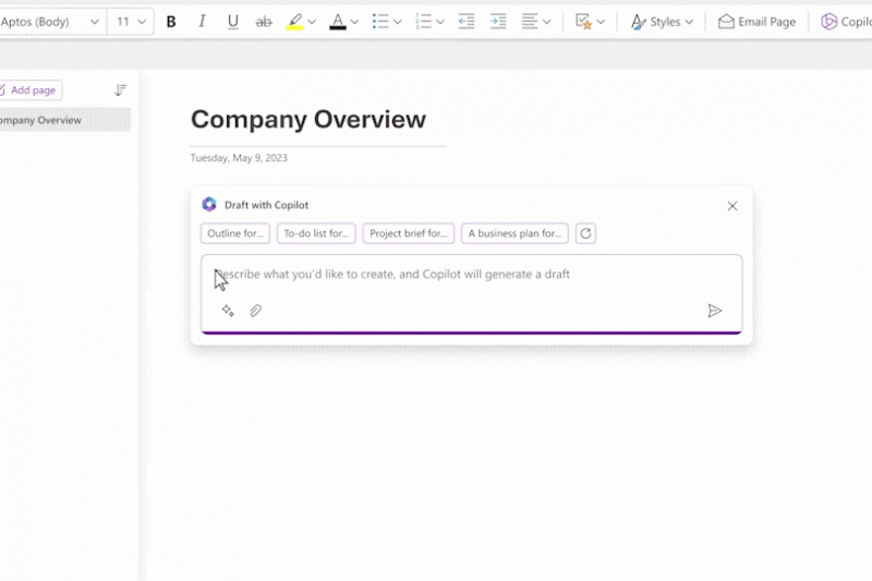 Gif shows a user asking for and receiving a company overview in Copilot OneNote