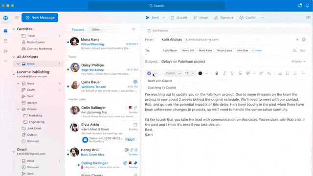 Gif shows Coaching by Copilot in Outlook