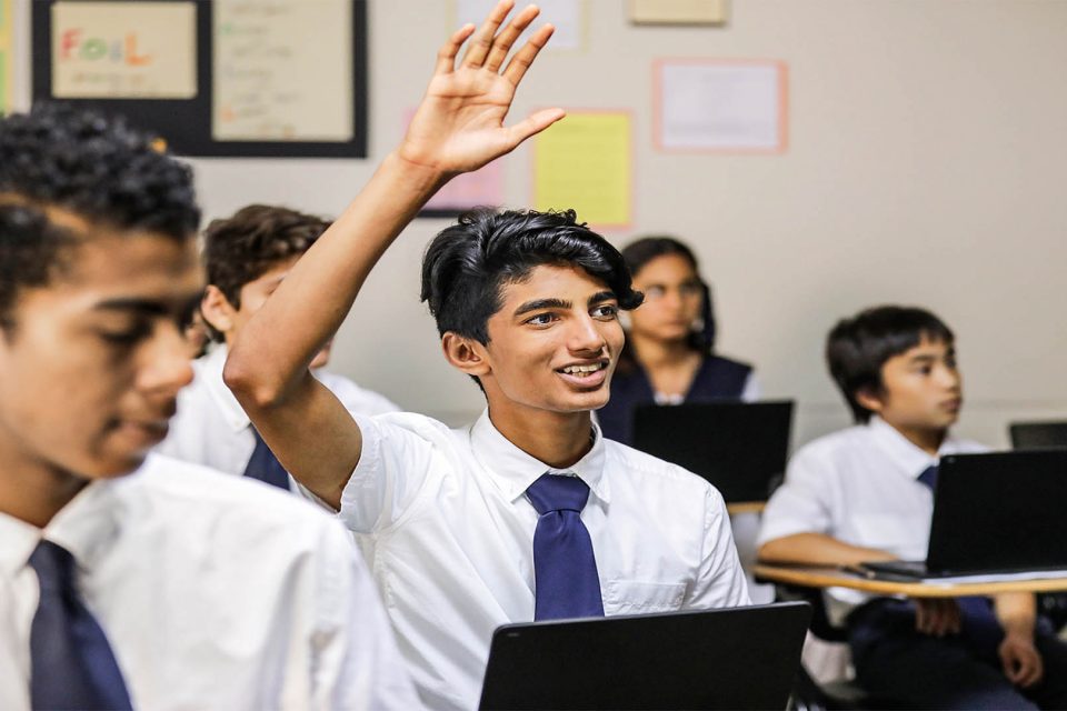 student raises hand in classroom