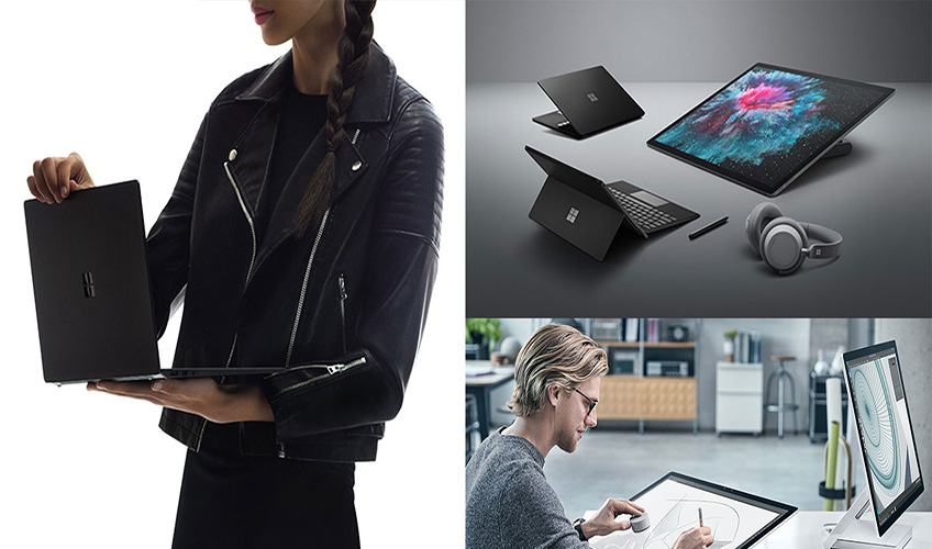 a woman and man engagin with Surface Pro 6, Surface Laptop 2, Surface Studio 2 and Surface Headphones