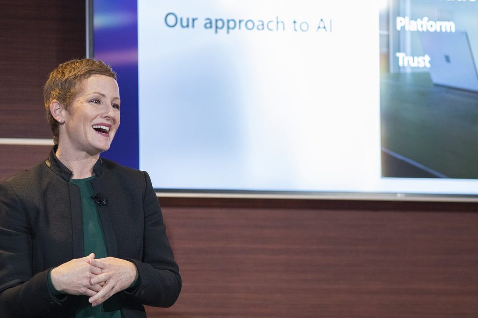 Julia White, Corporate Vice President, Microsoft Azure Marketing, speaks at the Conversations on AI event in San Francisco. Photo by John Brecher for Microsoft.