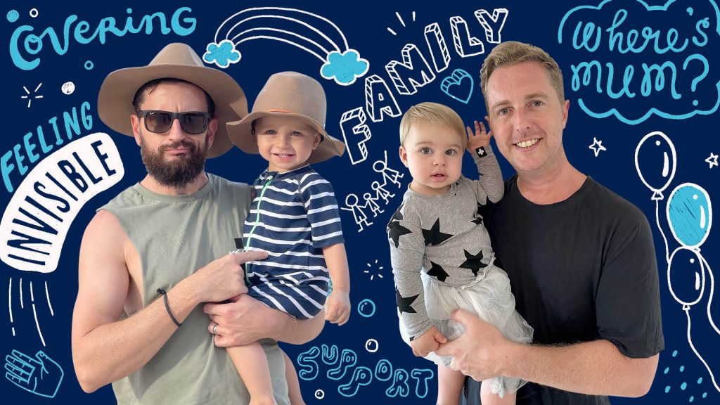 Two dads holding kids infront of graphical word cloud background