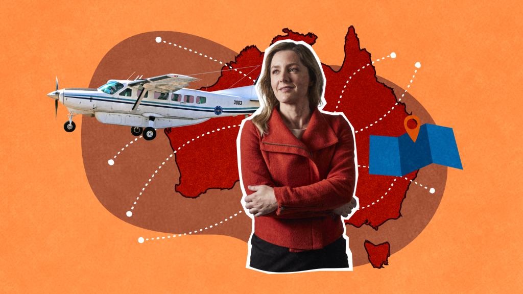 Graphical overlay of Fiona with airplane and map of Australia