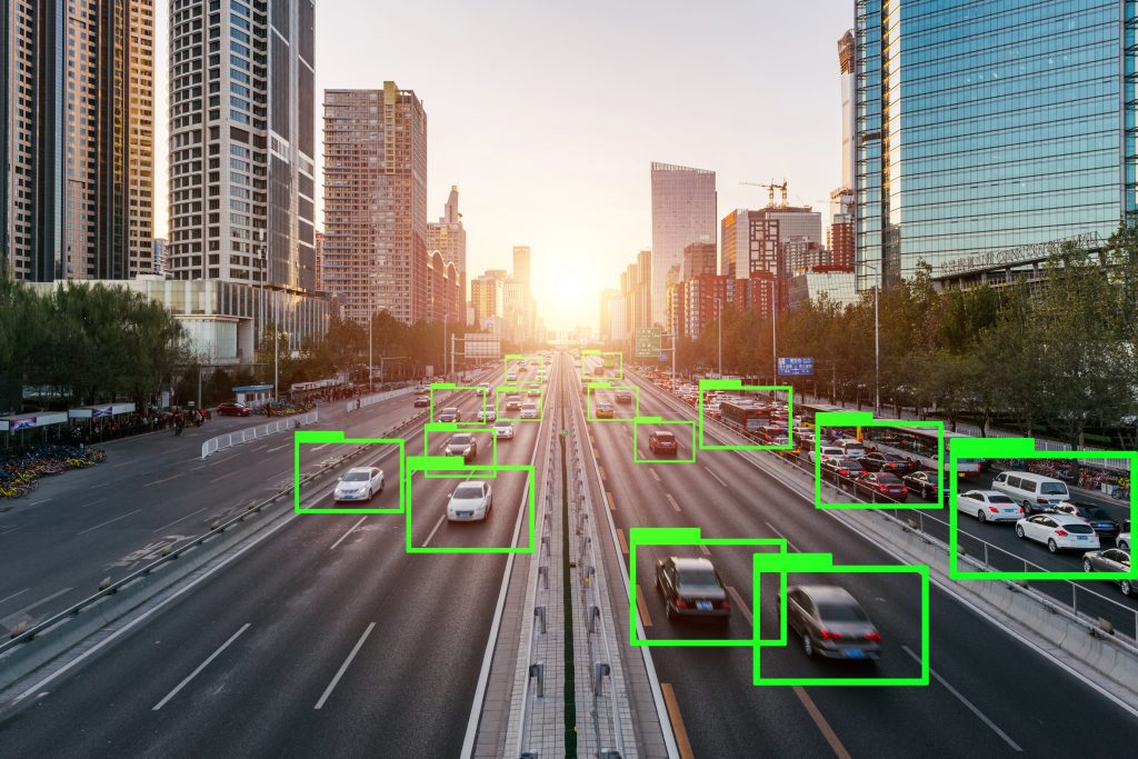 Illustration of AI and CCTV using machine learning to track vehicles