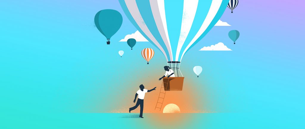 Graphical illustration of two people on hot air balloon