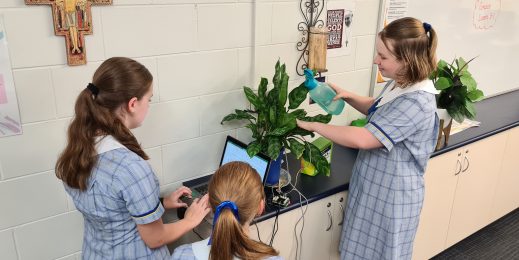 Three female students watering a plant