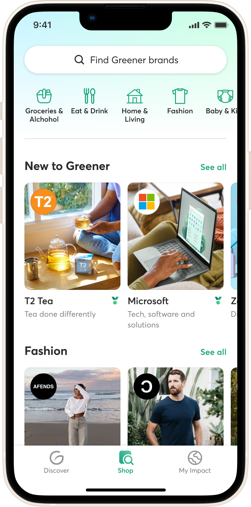 Graphical interface of the Greener app