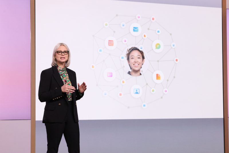 Image of Colette Stallbaumer, Microsoft general manager of Microsoft 365 and Future of Work, speaking on stage.