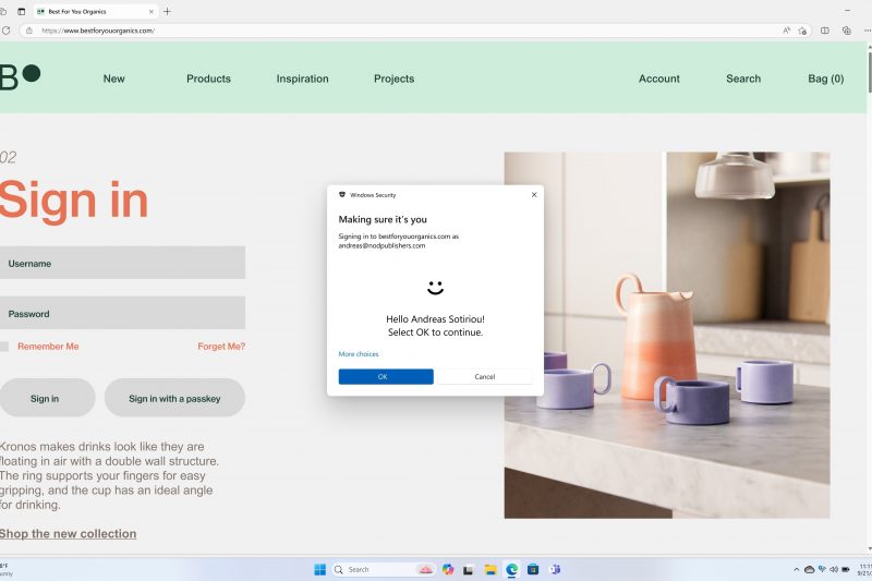 Screenshot of passkey sign-in on a webpage using Windows Hello