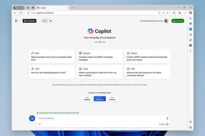 The webpage of copilot.microsoft.com for Entra ID users, including the text box for prompts and the account being protected.