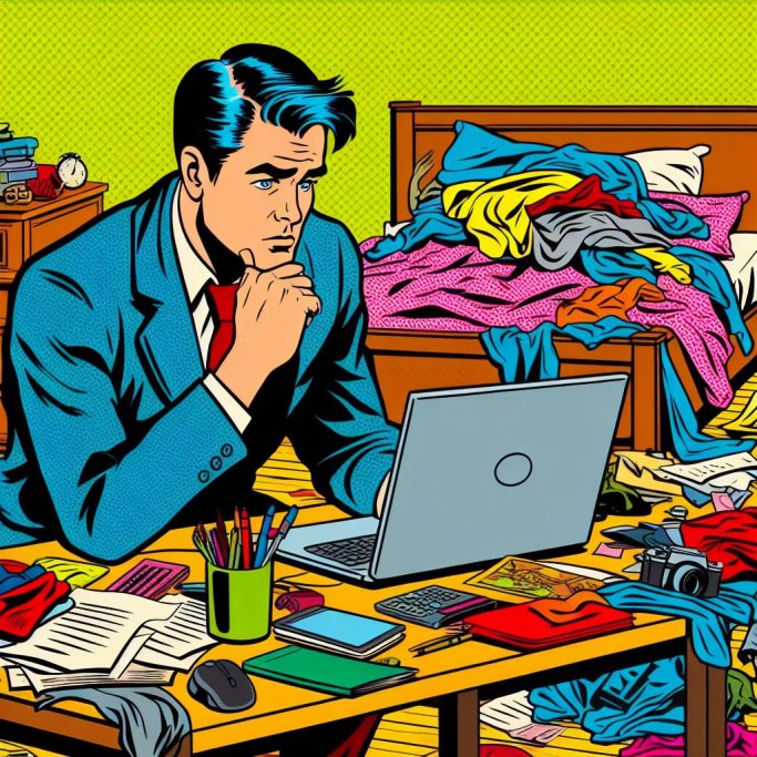 Illustration of a man working on his laptop in an untidy room