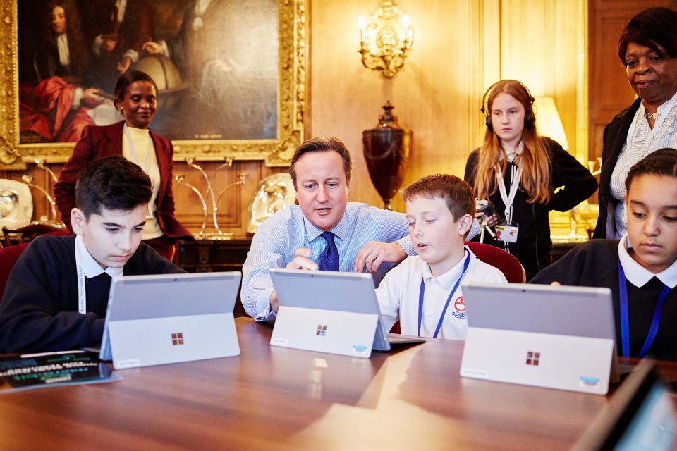 Prime Minister David Cameron with school children from Eastlea Community School
