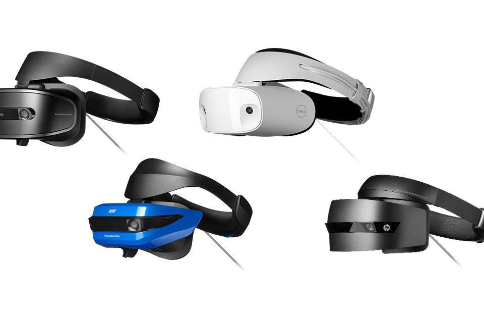 Windows mixed-reality headsets in black, blue and white