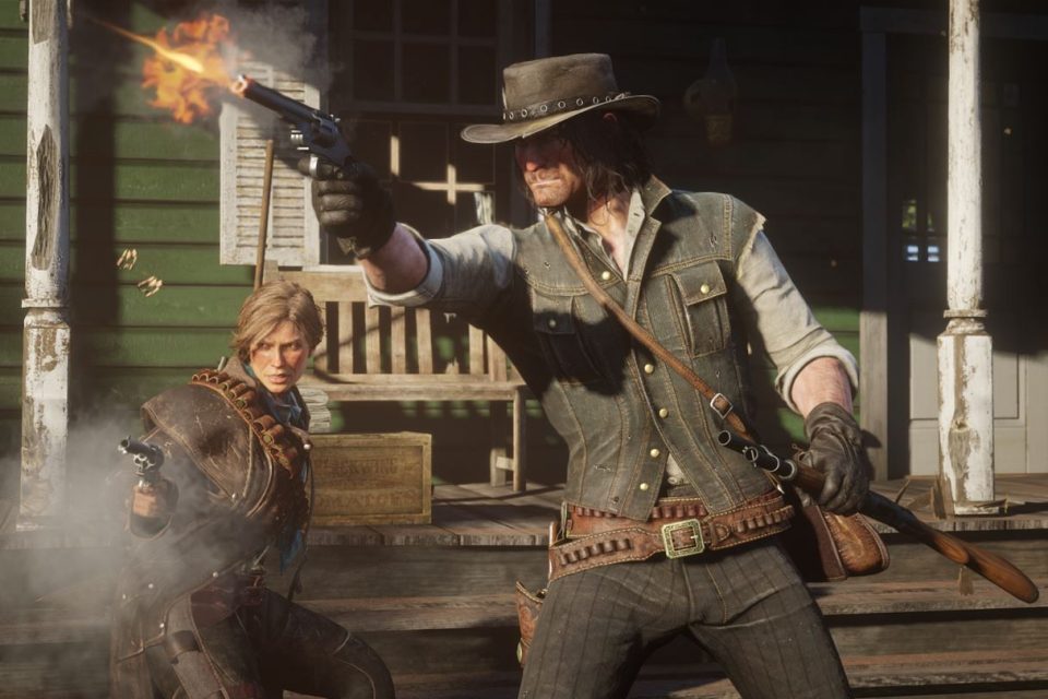Two cowboys fire guns in Red Dead Redemption 2
