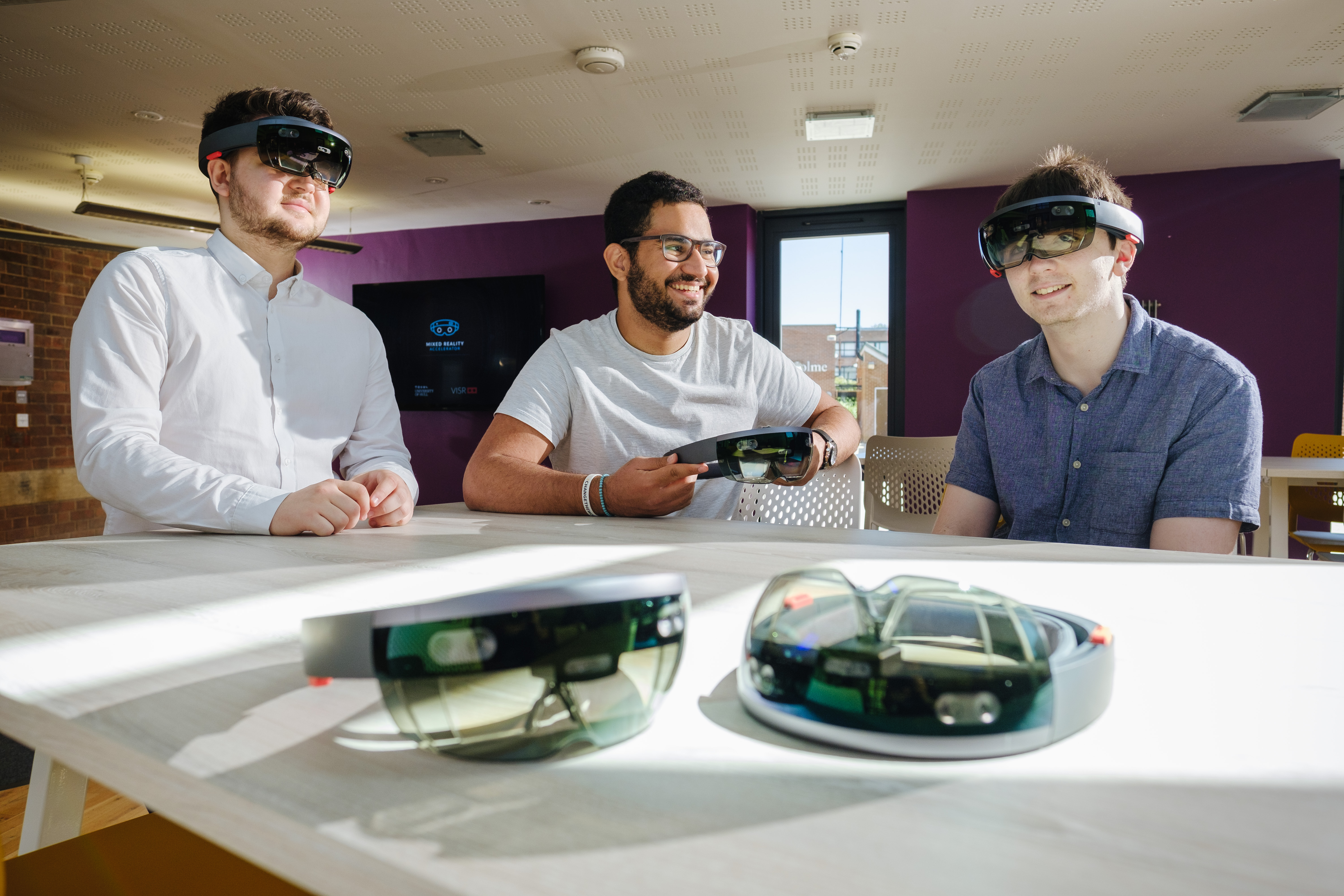 University of Hull Enterprise Centre, Kingston Upon Hull, East Yorkshire, United Kingdom, 18 June, 2018. Pictured: Students interacting with the HoloLens/VERTX technology being pioneered by the VISR.