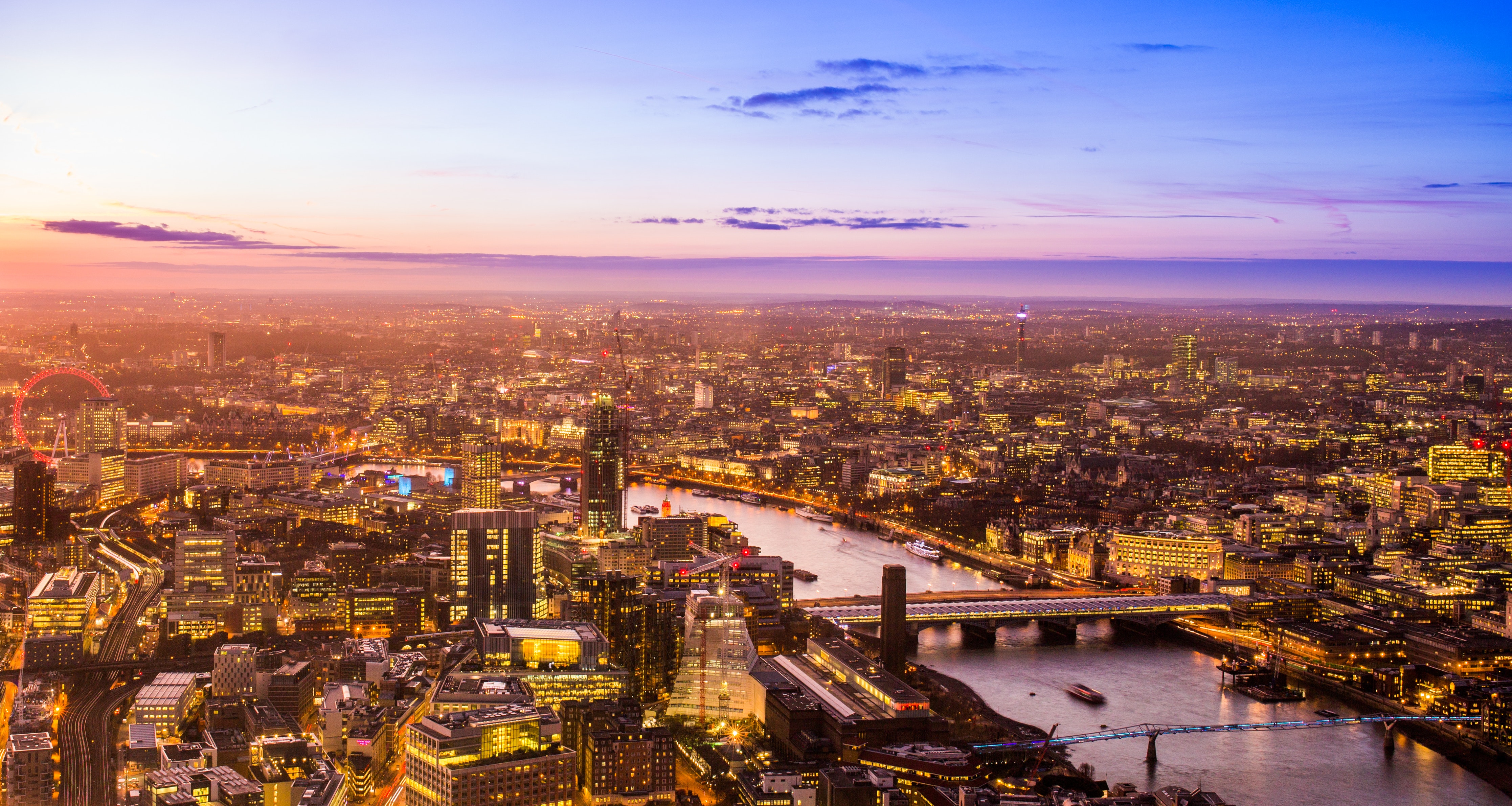 Aerial view of London at dawn