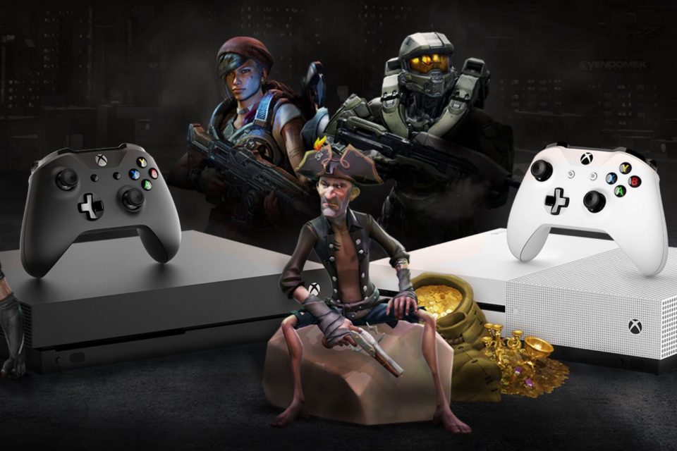 Xbox characters sitting on Xbox One X
