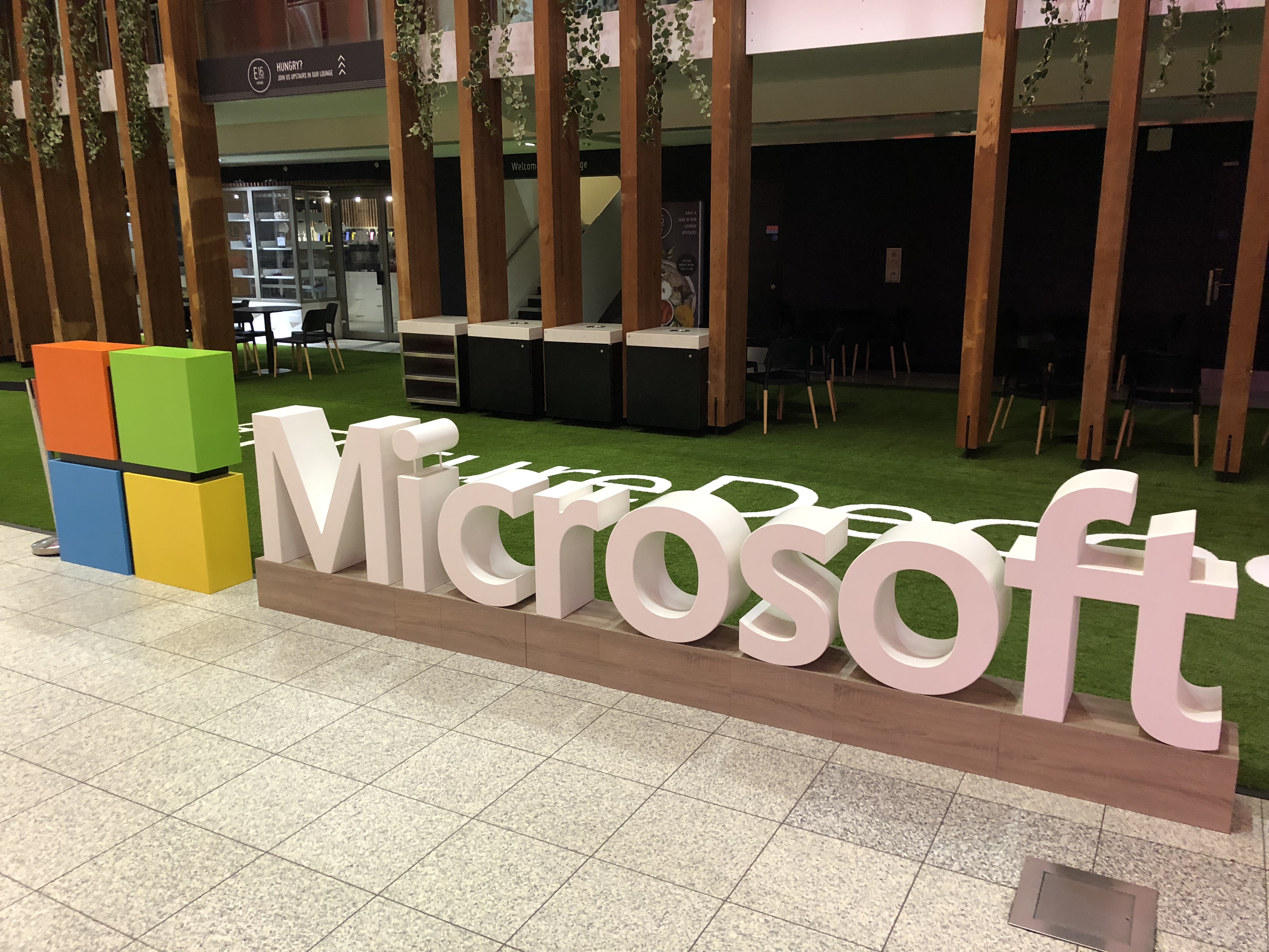 A Microsoft sign in the main concourse