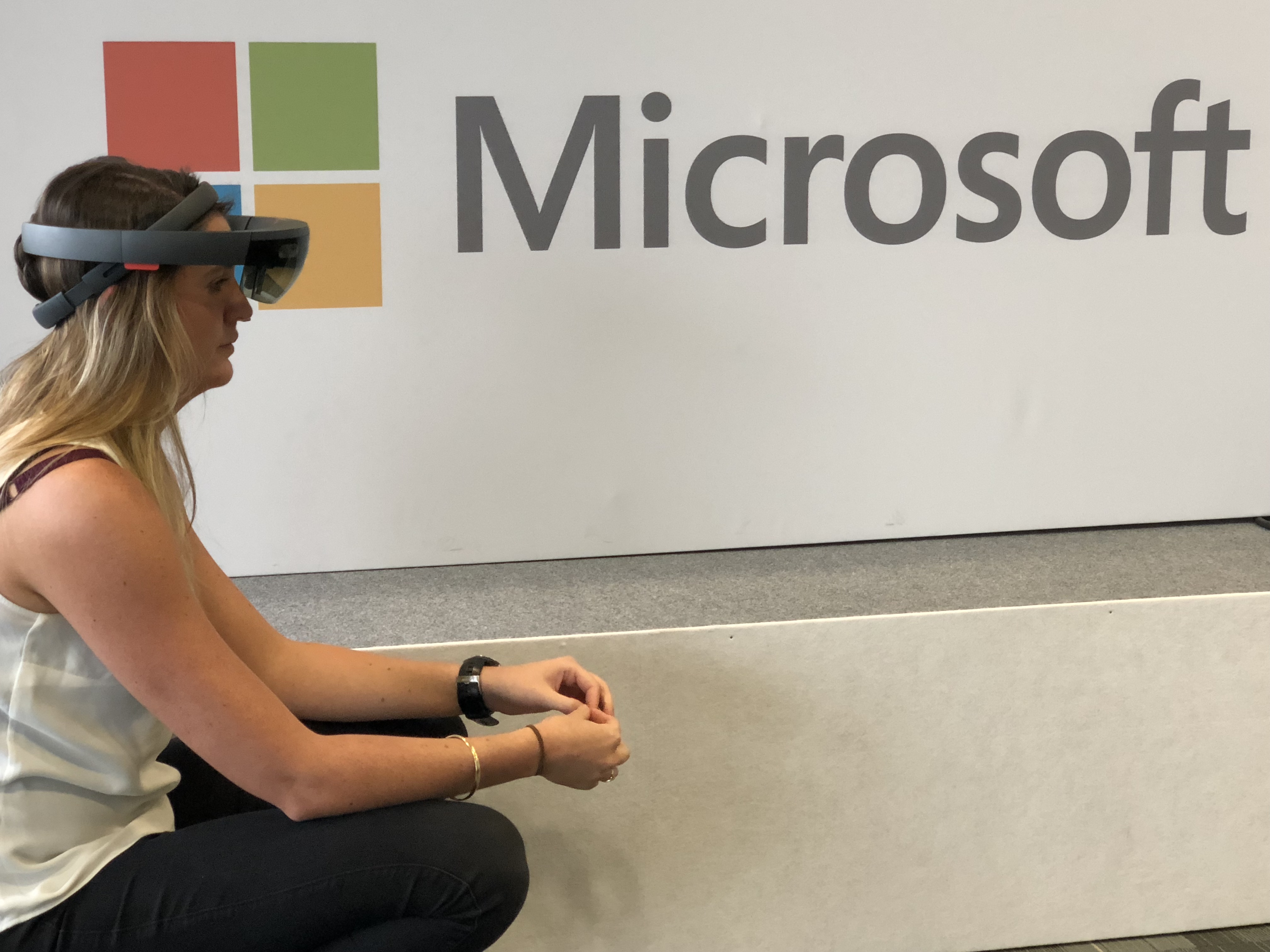 Anna-Victoria Fear, Product Marketing Manager for Azure, wears HoloLens