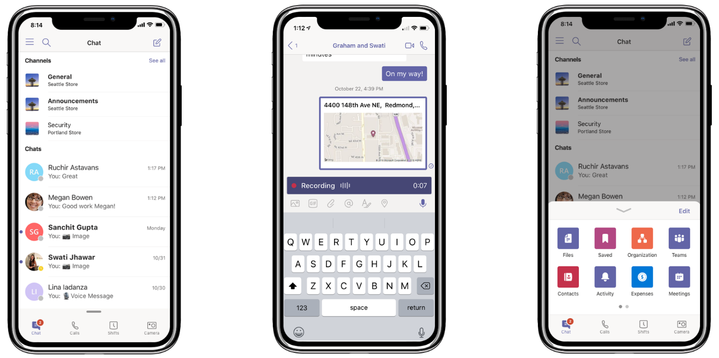 Customizable mobile Teams experience and new mobile features: Keep all conversations in one place (left), share location and record audio messages (middle), and customize the navigation menu (right)
