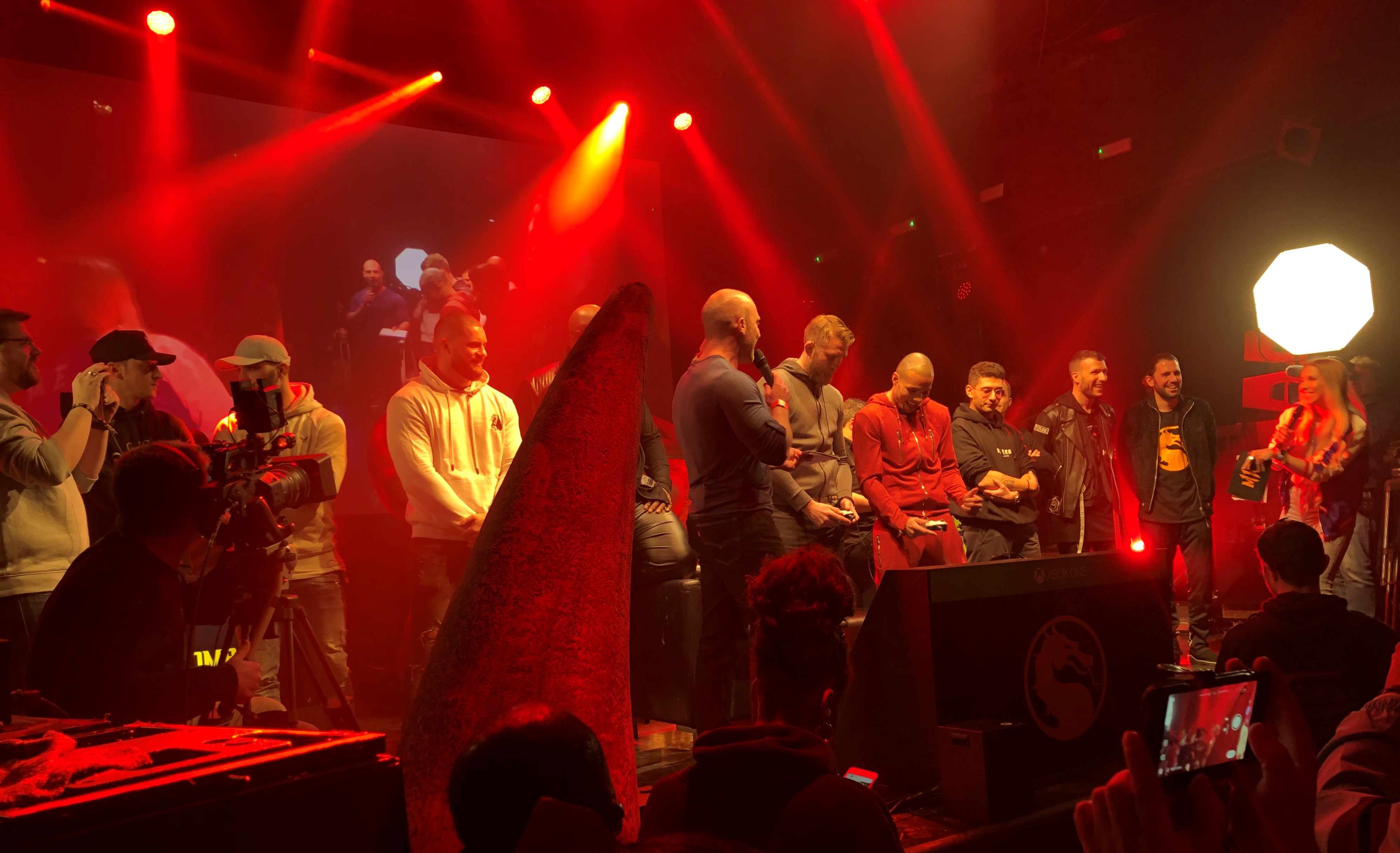 The celebrity contestants on stage before they play Mortal Kombat 11