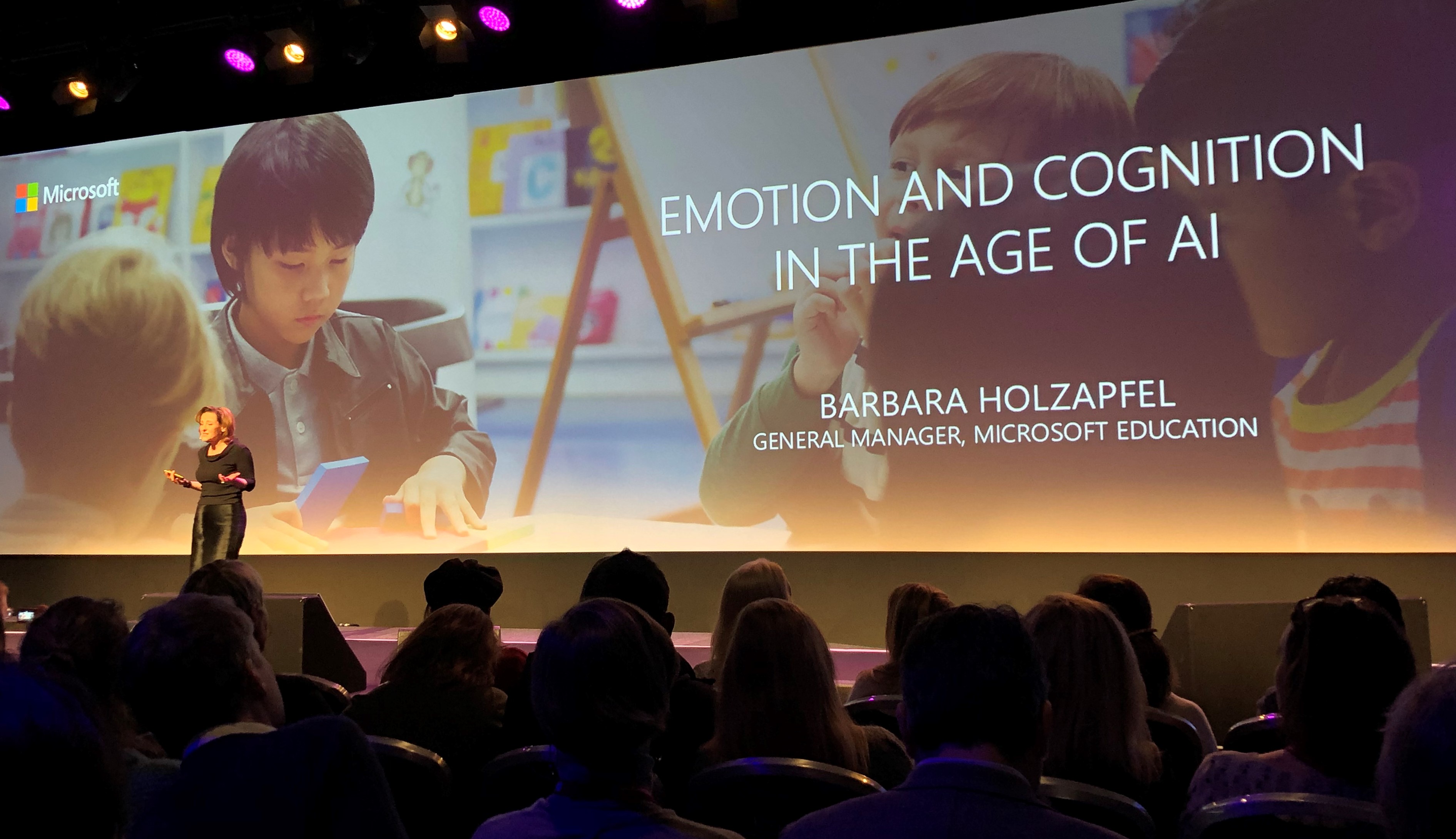 Barbara Holzapfel, GM of Education Marketing at Microsoft, on stage at BETT