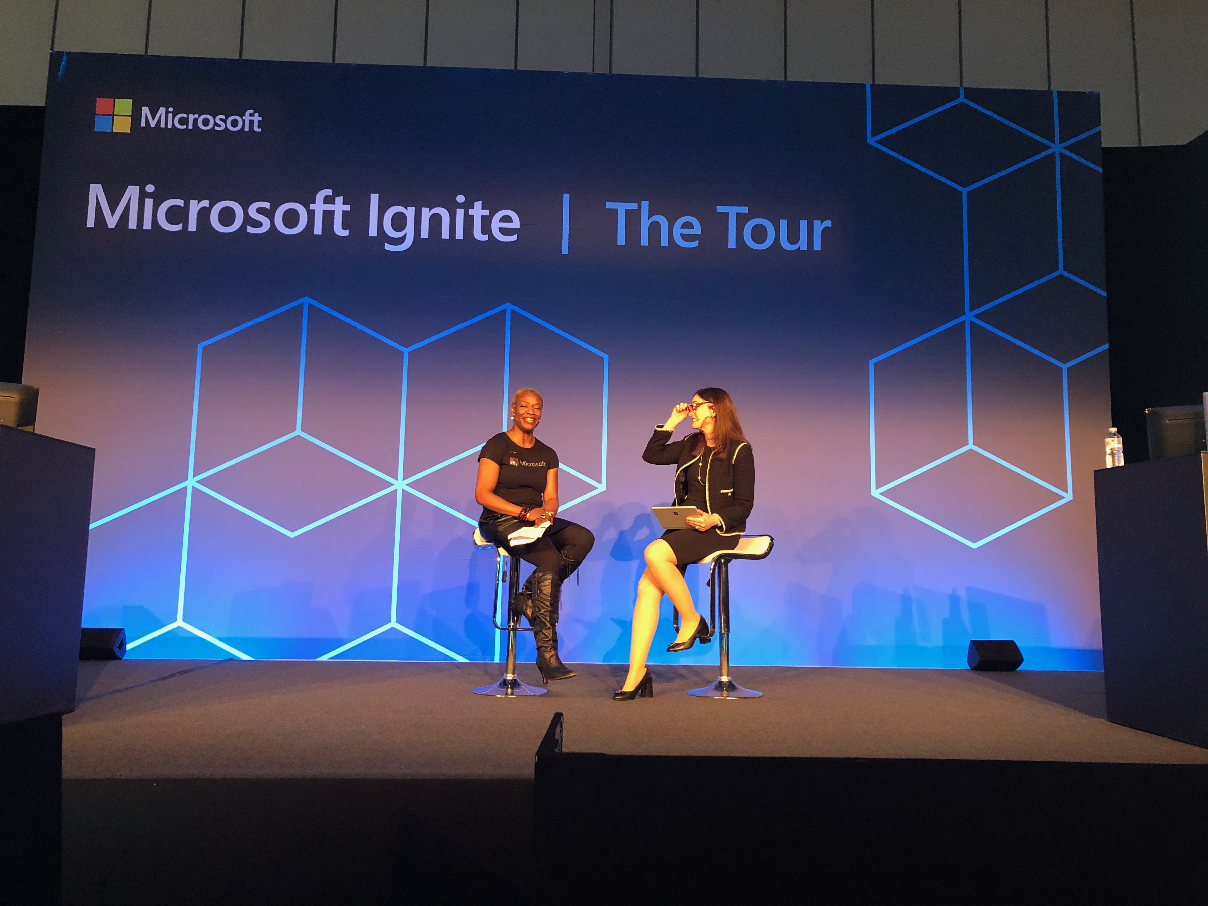 Cindy Rose (right), Microsoft UK CEO, talks to Bunmi Durowoju on the main stage
