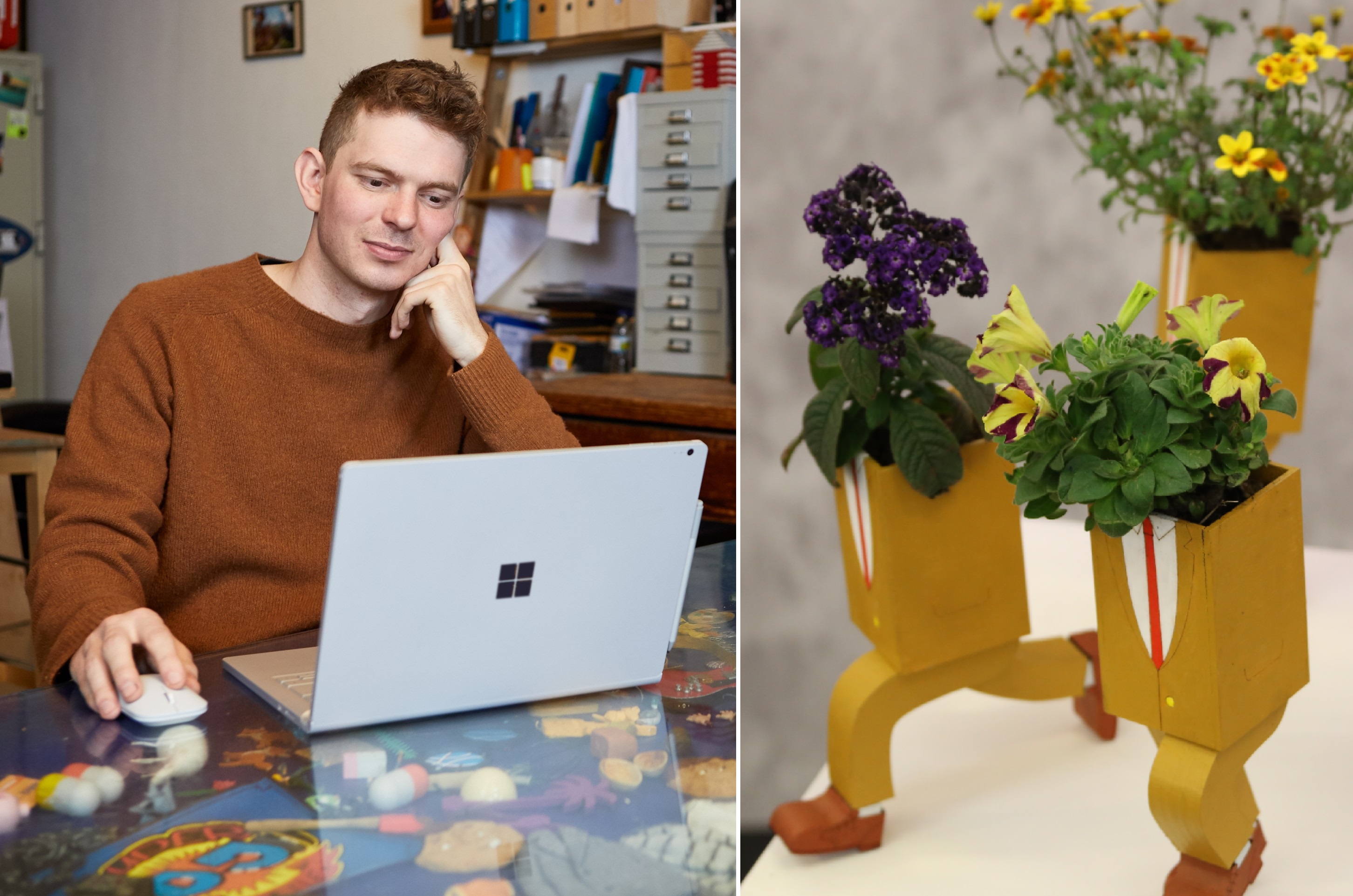 Tom O’Meara, an animator, uses a Surface Book 2 in his studio