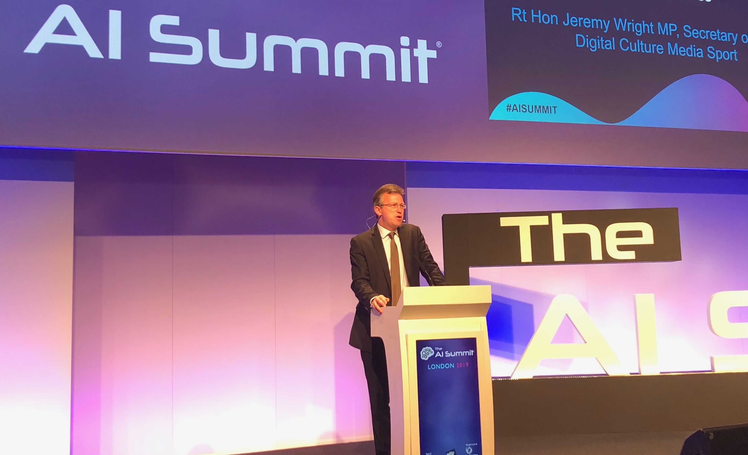 Jeremy Wright MP, the Secretary of State for Digital, Culture, Media and Sport, speaks at the AI Summit in London