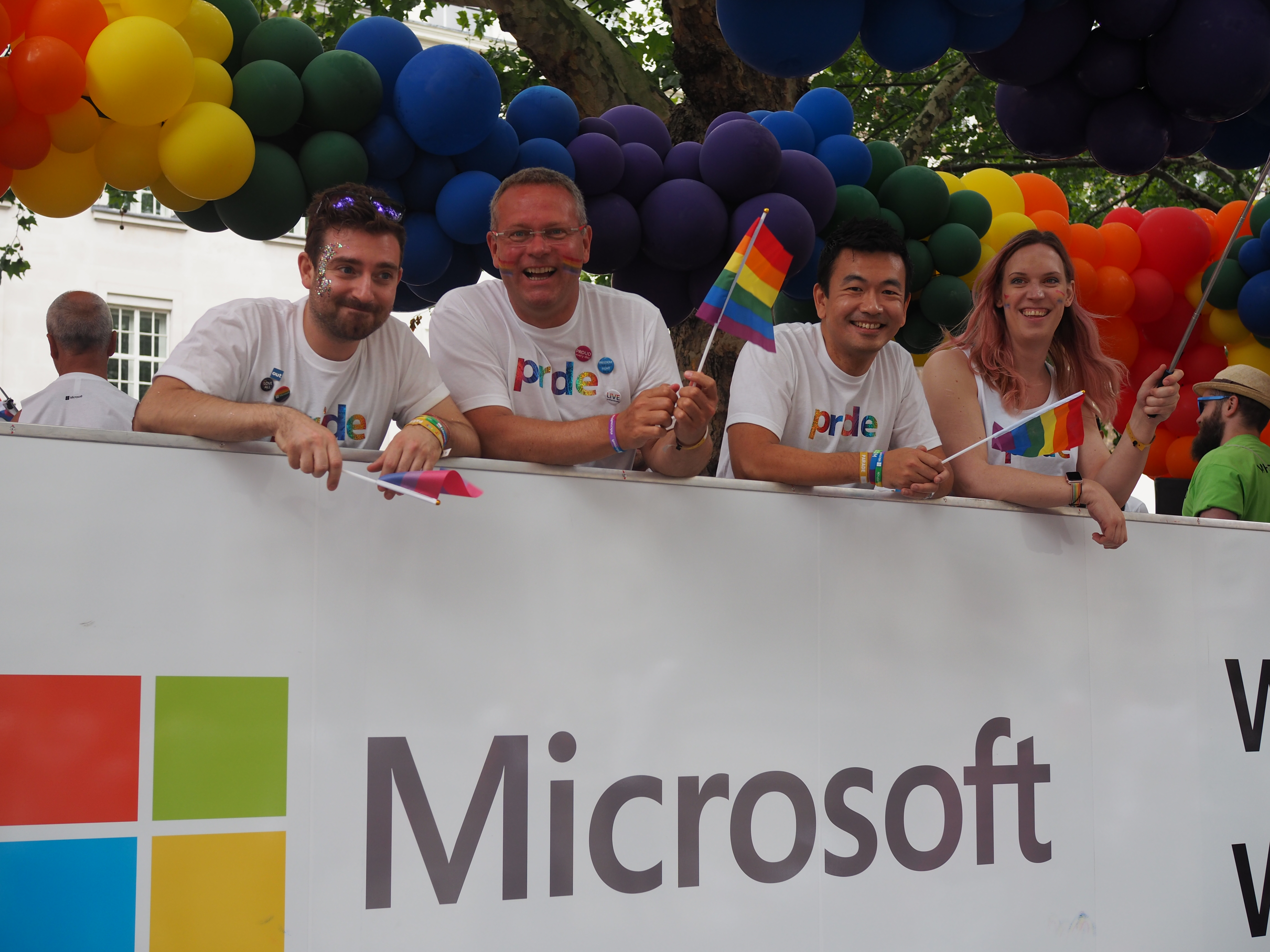 Microsoft staff on the company float at PRIDE