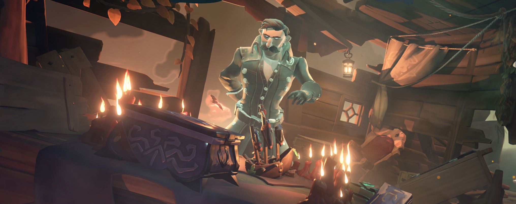 A pirate stands in front of a desk on a ship in Sea of Thieves