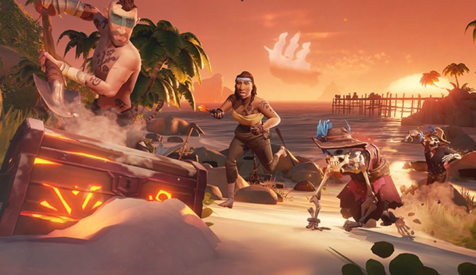 Skeletons and pirates on a beach in Sea of Thieves