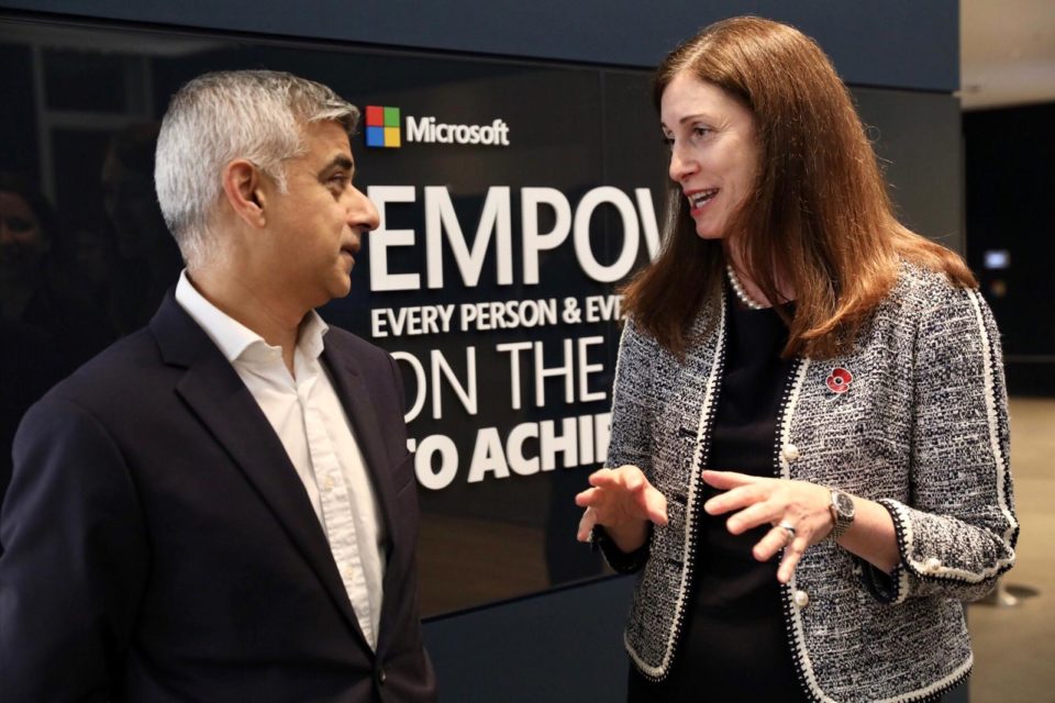 Cindy Rose, Microsoft UK CEO, talks to Sadiq Khan, Mayor of London, in the Microsoft London Store