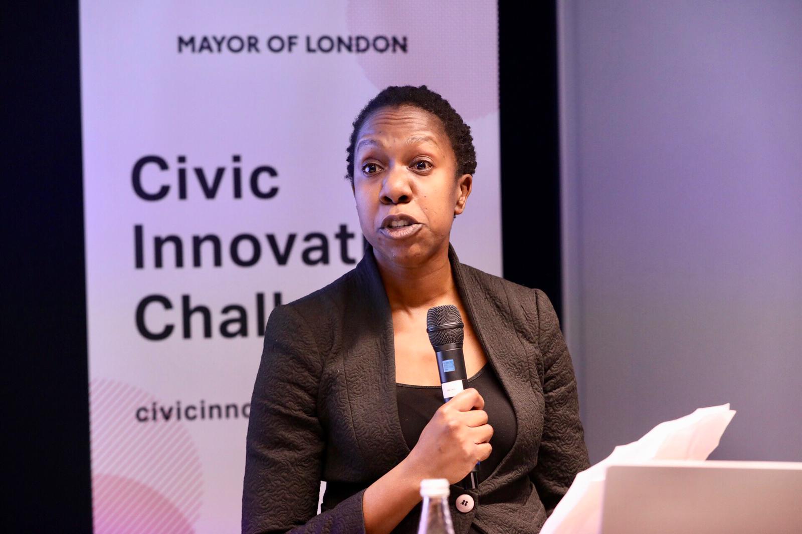 Irene Omaswa, Operations & Finance Director at Social Tech Trust, speaks at the event at Microsoft Store London