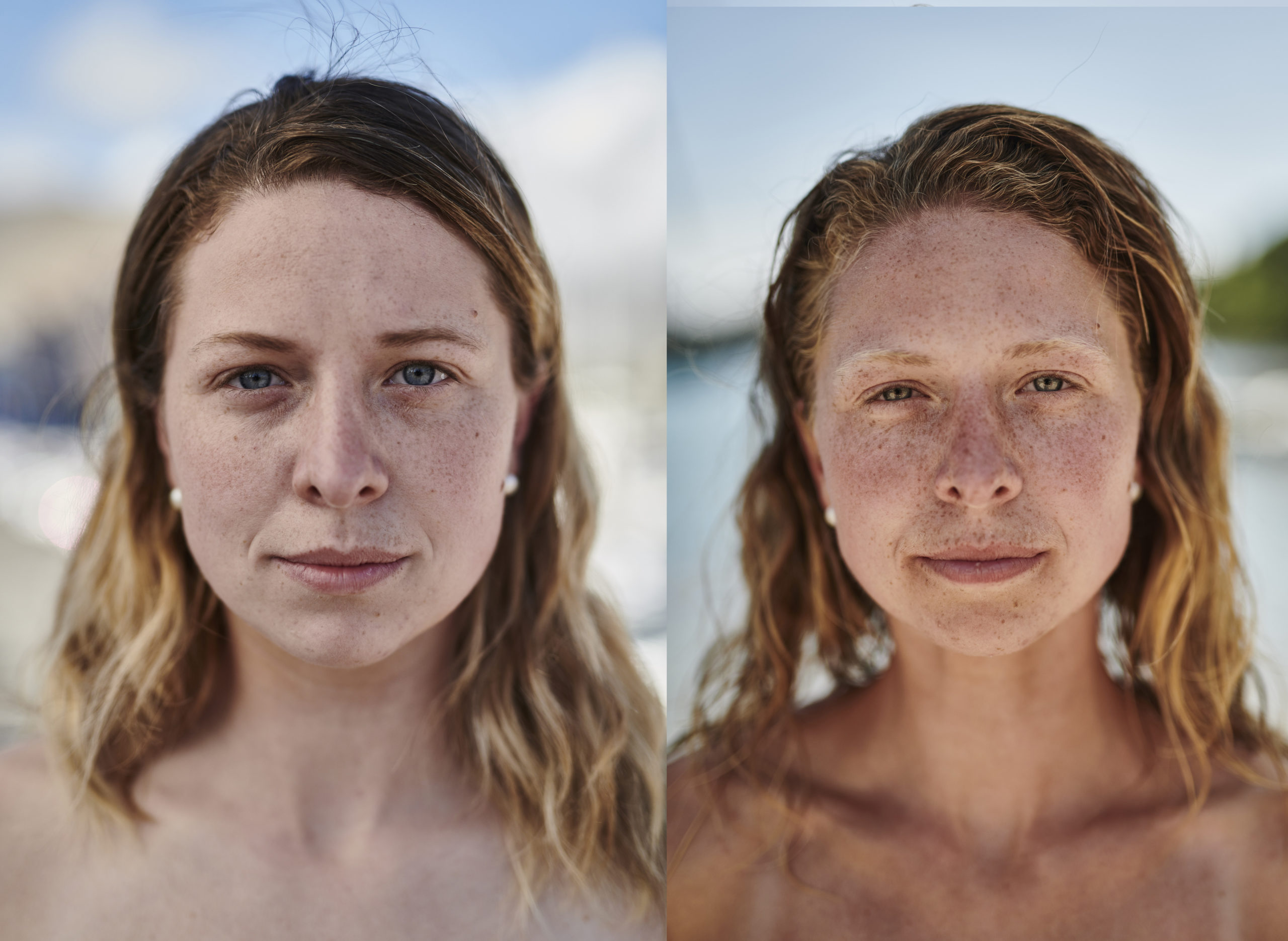 Side-by-side photos showing Anna McLean before and after the row across the Atlantic