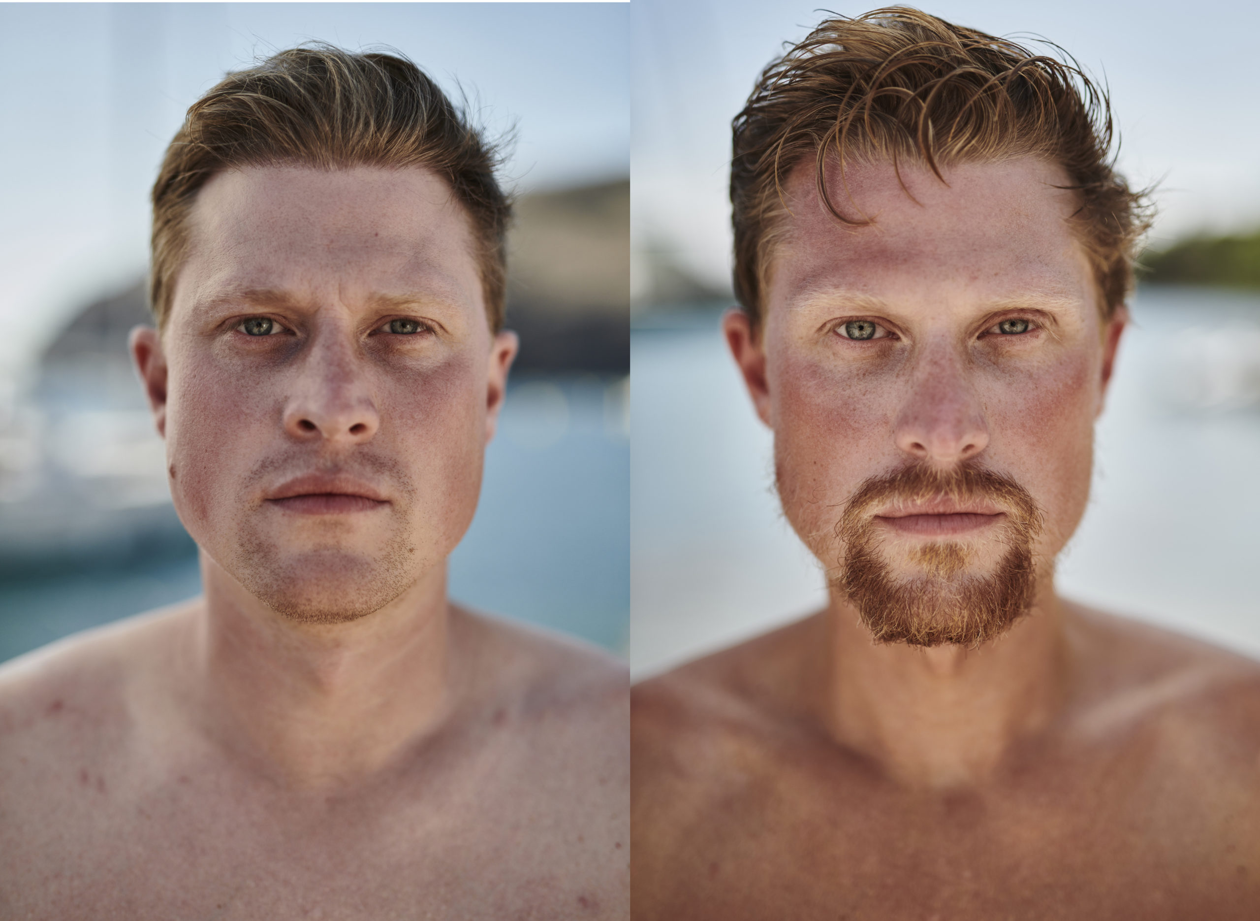 Side-by-side photos showing Cam McLean before and after the Atlantic row