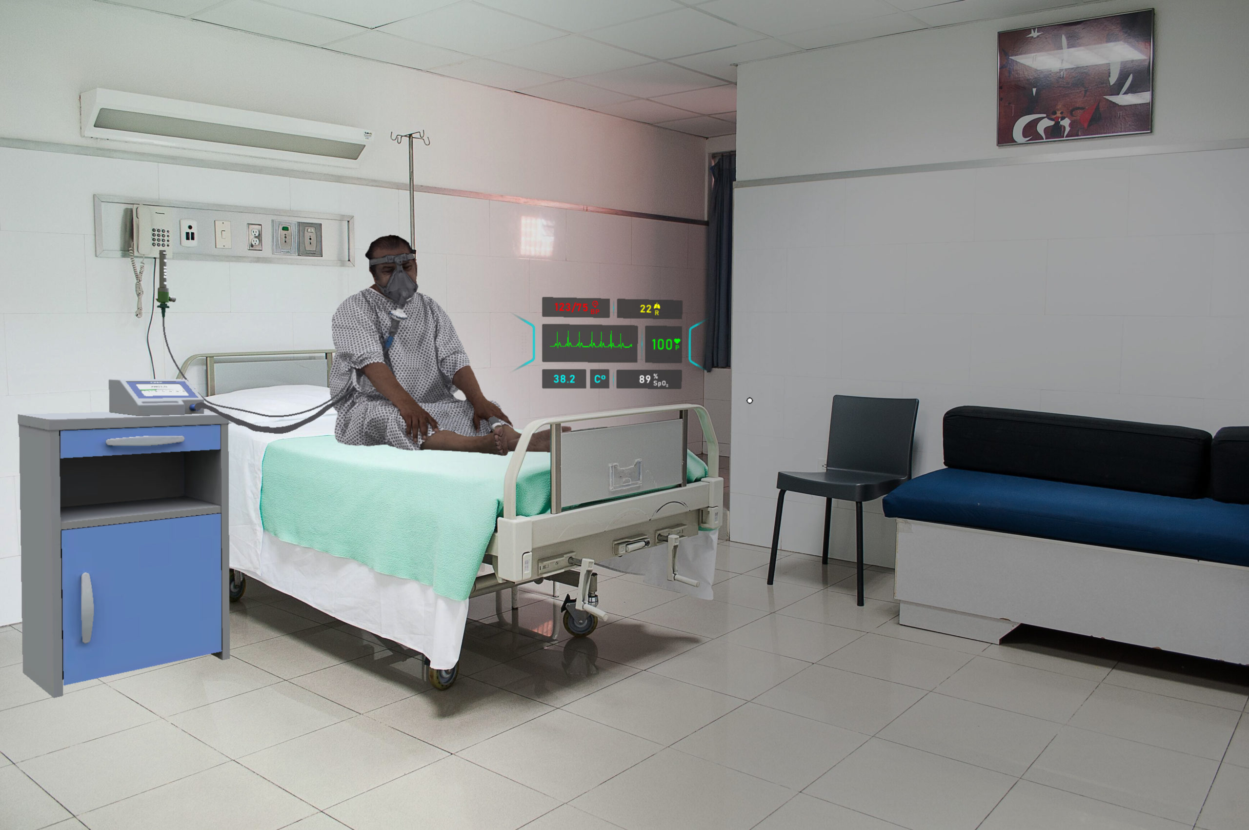 A hologram of a patient sits on a hospital bed