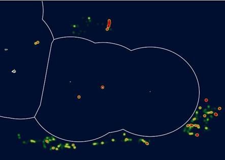 Heatmap of fishing vessels transmitting at slow speed in the Pitcairn Area of Interest. The heatmap shows momentary slow speeds inside the Pitcairn Islands due to transit operations and active fishing operations in the surrounding high seas of the protected area.