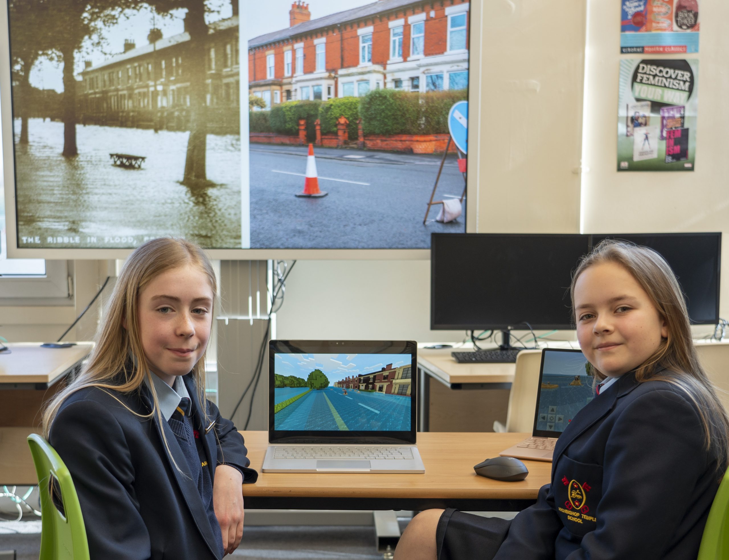 Olivia and Isabella play the new Minecraft world, Rivercraft, at Archbishop Temple School