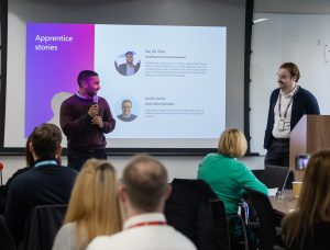 Two graduates from the Microsoft Apprentice scheme, Raj De Silva and Justin Jones, present to an audience in Manchester about their experiences.