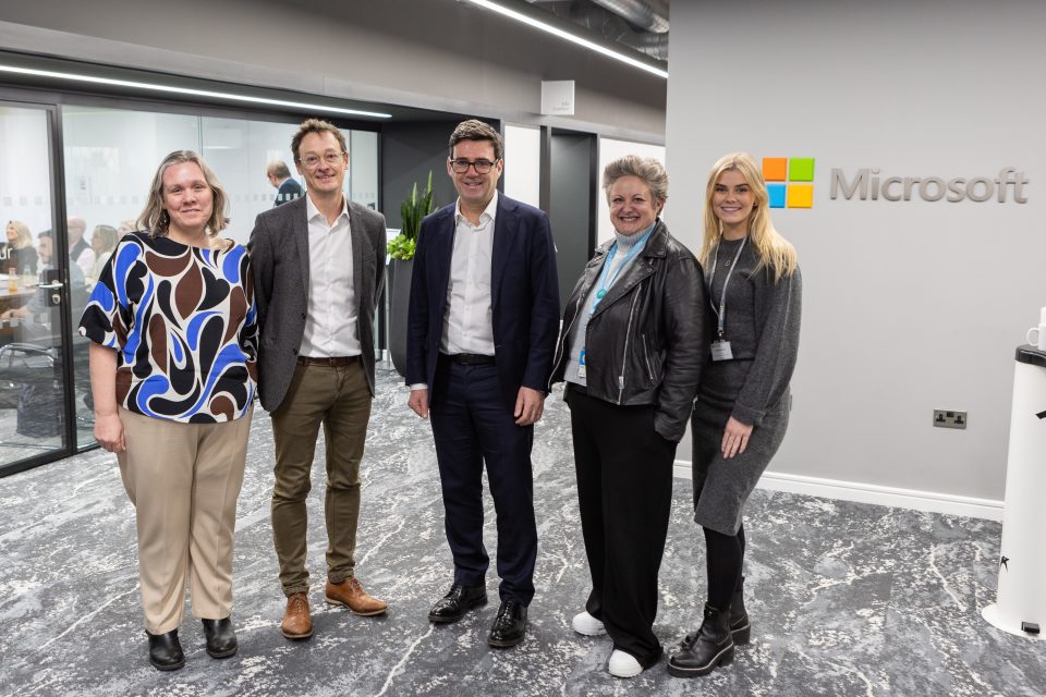 Attendees of an event at the Microsoft Manchester office, from left to right: Marie Hamilton, Greater Manchester Regional Lead for Microsoft; Hugh Milward, General Manager, Corporate, External & Legal team, Microsoft UK; Andy Burnham, Mayor of Greater Manchester; Rebecca King, UK Apprentice Lead for Microsoft; and Madeleine Ricci, Business Program Manager, Microsoft UK