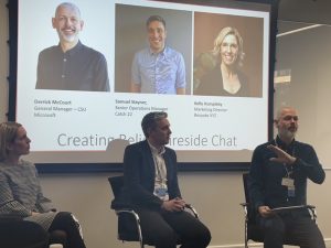 A panel at Microsoft and GMCA Skills Integration Event, with (from left to right) Kelly Humpleby, Marketing Director at Bespoke XYZ, Samuel Stayner, Senior Operations Manager at Catch 22, and Derrick McCourt, General Manager, Customer Solutions Unit at Microsoft UK