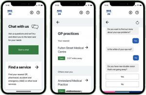 An example of how the NHS 24 online app looks when in use. It shows 3 screenshots, the first shows a chatbot, the second shows a list of GP practices, and the last shows the chatbot in action
