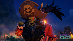 Esqueleto de pirata malvado enojado con ojos rojos brillantes, barba negra, sombrero de pirata, plumas y chaqueta roja con mangas esponjosas blancas.