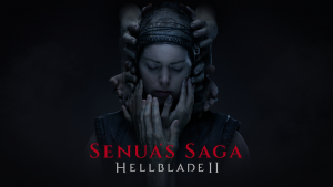 Imagen de portada de Senua's Saga: Hellblade II.  Muestra a una mujer parada con los ojos cerrados, mientras sus manos descansan sobre su rostro y cabeza.