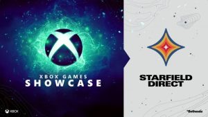 The hero image for the Xbox Games Showcase 2023. On the left hand side It shows the Xbox logo in glowing blue-green, with the words 'XBOX GAMES SHOWCASE'. On the right hand side it shows the logo for Starfield Direct which features an orange and red diamond and the words for STARFIELD DIRECT underneath in capital letters. 