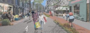 A design proposal by winning team Creative Croydon. It is an illustration of what a pedestrianised Croydown town centre would look like, with bike lanes and cosmopolitan shopfronts, tree lined streets. A cyclist is on the bike lane and a young couple carry lots of boutique shopping bags while walking their dog. 